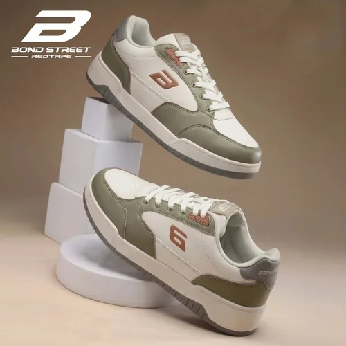 Bond Street Men's White & Green Casual Sneakers, men's casual shoes — angled front view