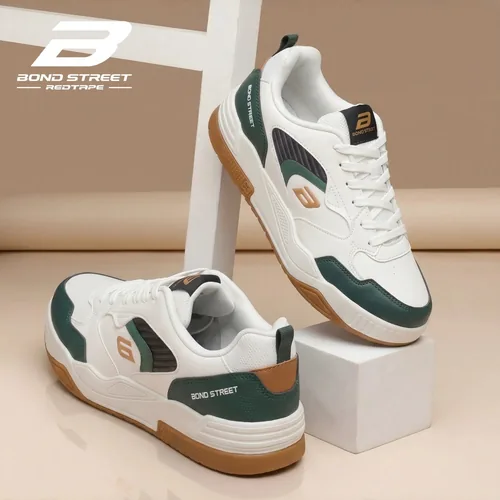 Bond Street Men's White Olive Casual Sneakers, men's casual shoes — angled front view
