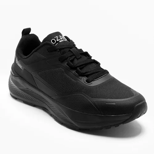 Red Tape Full Black Trekking Shoes for Men — angled front view