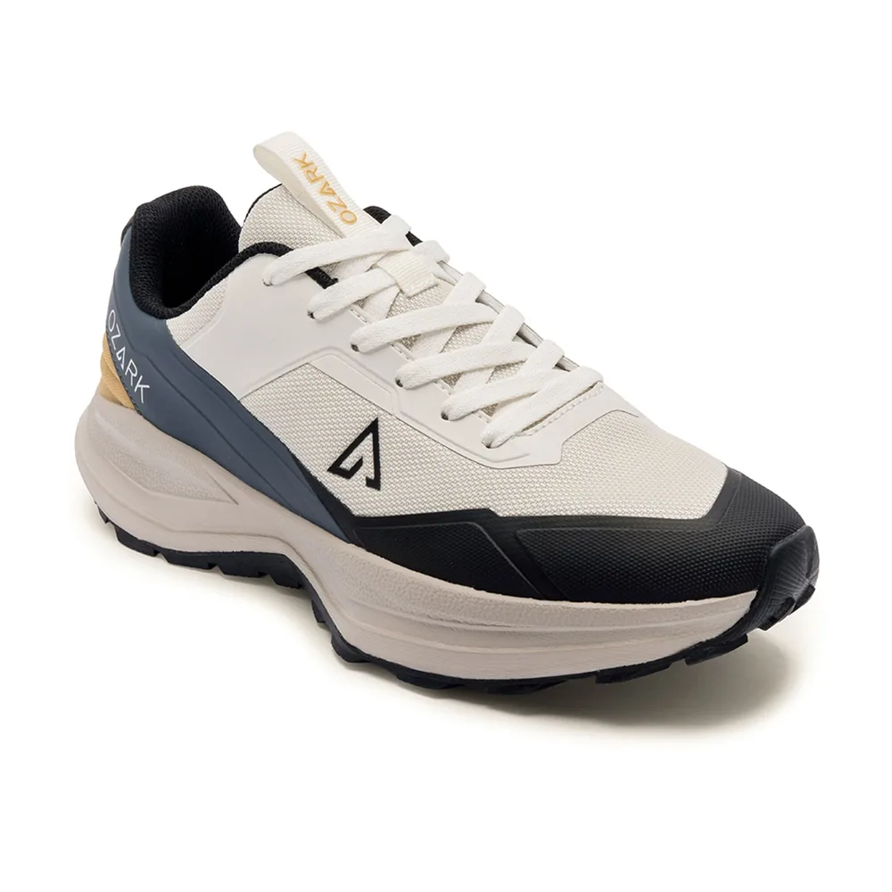 Ozark Olive Trail Running Shoes for Men in White Blue, men's outdoor shoes — angled front view