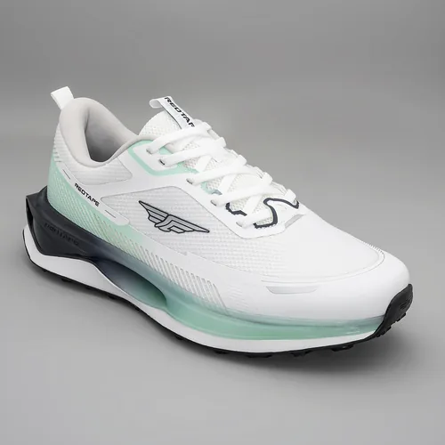 Red Tape Men's Athleisure  Sports Shoes for Everyday Comfort in White Green, men's sports shoes — angled front view