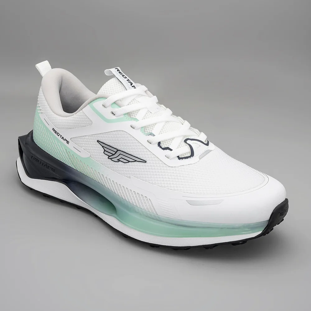 Red Tape Men's Athleisure  Sports Shoes for Everyday Comfort in White Green, men's sports shoes — angled front view