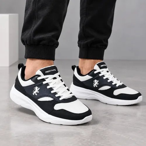RedTape Black & White Casual Sneakers in Black/White, men's casual shoes — angled front view