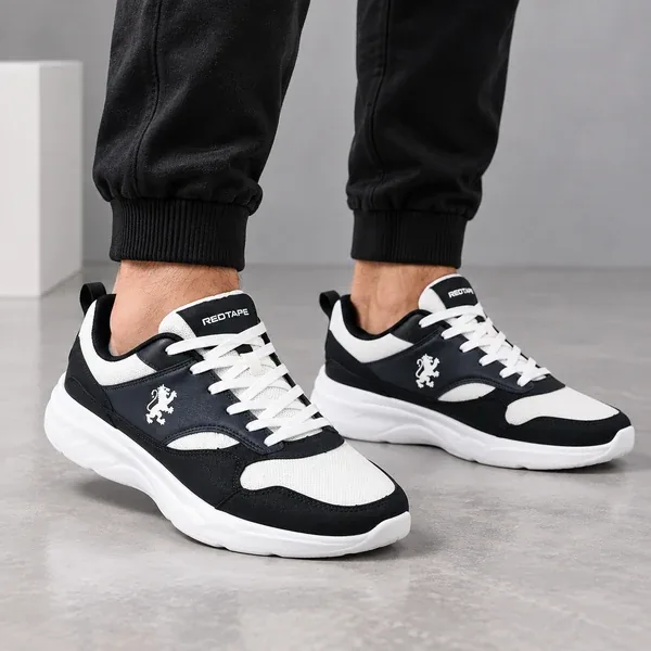 RedTape Black & White Casual Sneakers in Black/White, men's casual shoes — angled front view