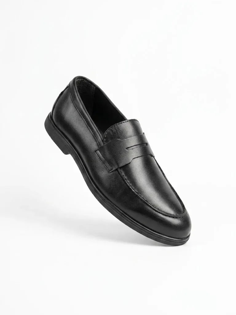 Vlad Bykov Men's Classic Leather Penny Loafers in Black, men's loafers — angled front view