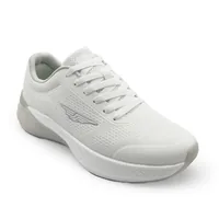 Men’s white lightweight lace-up sneakers with breathable mesh upper and cushioned sole — angled front view